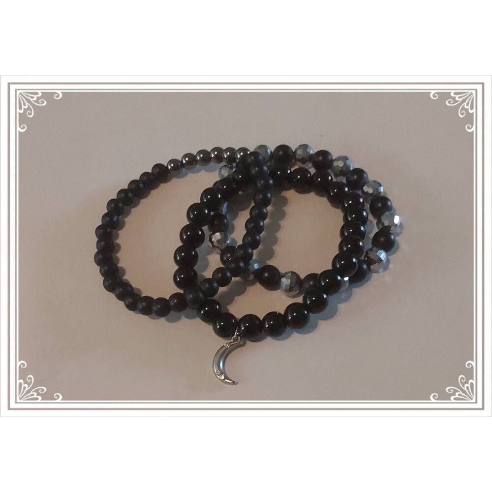 Set of (3) Black & Silver Faceted Beads & Dangling Moon Stretch Bracelet Set~kn
